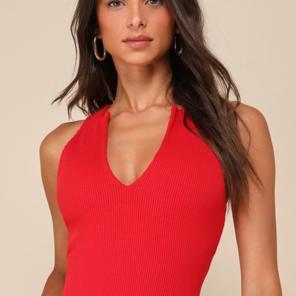 Lulus Trendy Endeavor Red Ribbed Notched Tank Top - Size M